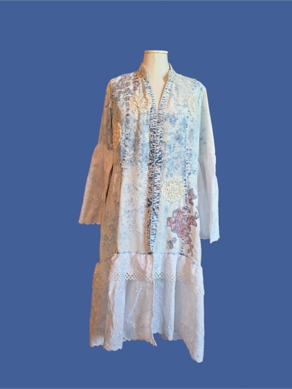 Upcycled denim duster dress cottage fairy core size L